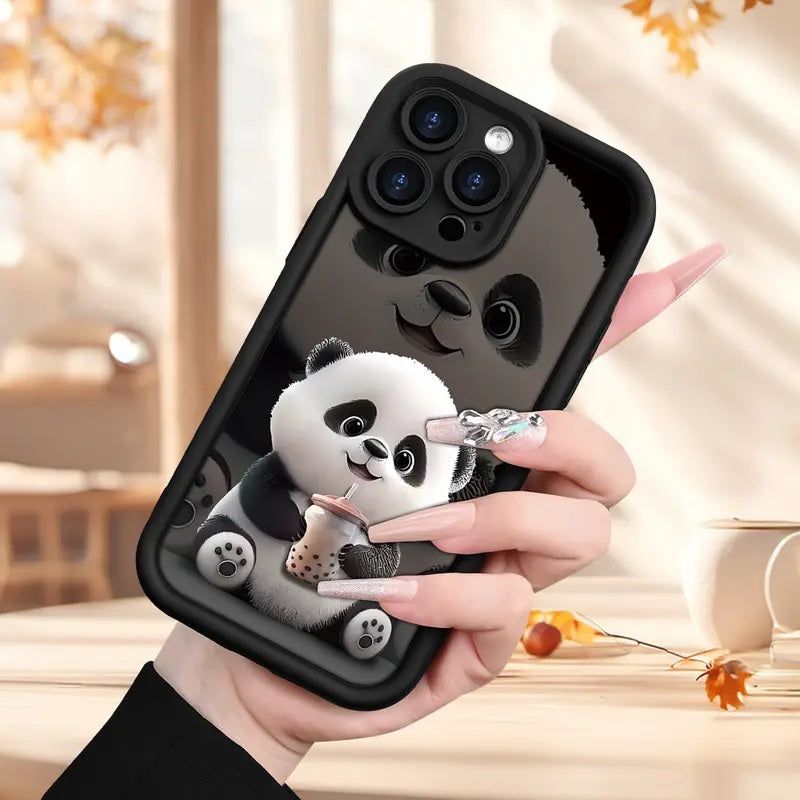 Black Panda Pattern Hot 3D Teddy Bear Boba Tea Cute Design Drinking Coffee Print Cover